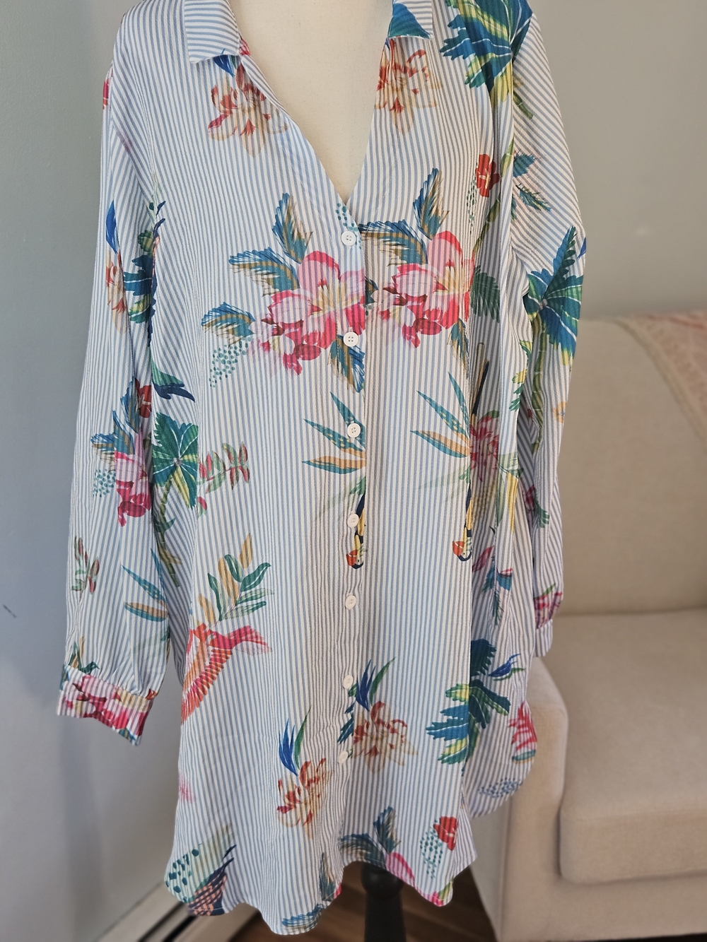 Striped Floral Button-Down Tunic Top . Pajamas